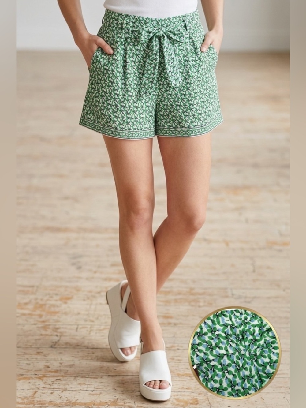 Max Studio Green Patterned High Waist Tie-Front Breezy Lightweight Shorts Large
